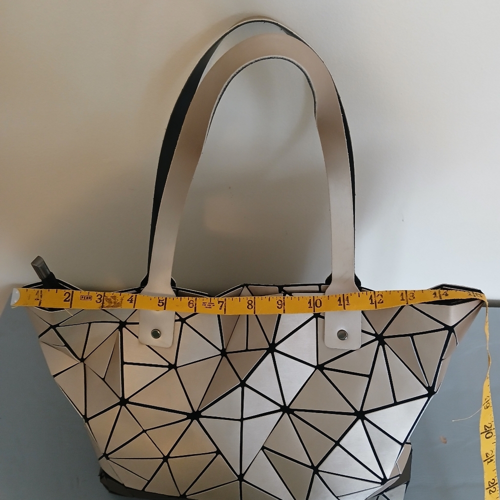 P. Luca Handbag White Gold Vinyl Black Trim Geometric Design Tote Bag Purse - Picture 12 of 17